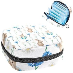 Opbergtas voor maandverband, menstruatiecup zakje tampon tas, menstruatiepads, houder organizer voor vrouwen meisjes, aquarel konijn en bloemen