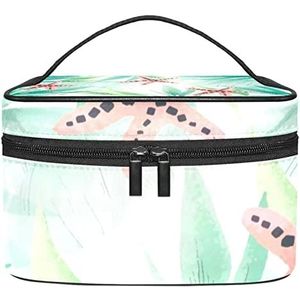 Schaal zeemeermin patroon blauw goud paars licht make-up tas voor vrouwen meisjes cosmetische tassen met handvat reizen make-up organizer tas, Zeester Zomer Tropische Bladeren Groen, 8.9x5.9x5.4 Inches, Make-up zakje