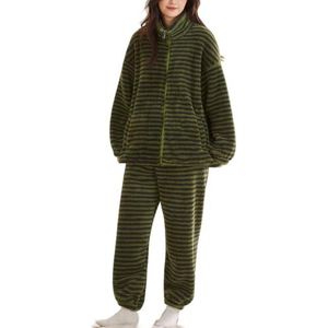 MLSHWUG Dames Fluweel Gestreepte Pyjama Set Hoge Ronde Hals Rits Cardigan Tops Nachtkleding 2-Delig,Groen,L