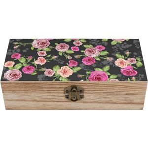 Donkere rozen patroon houten kist met scharnierend deksel voor aandenken ambachten doe-het-zelf opslag sieraden gepersonaliseerde print container