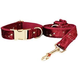 Gepersonaliseerde halsband Kerst Rood Fluwelen Vlinderdas Pet Collar en Leash Set met Golden Stars Festival Hond Sterke bescherming veilige dierenriem (Kleur: Groen, Maat: S hals 20-29cm)