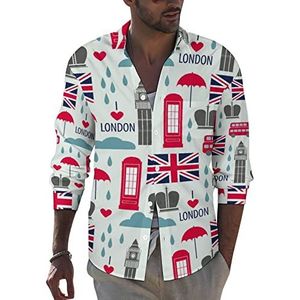 Londense symbolen en Britse vlag heren button down shirt met lange mouwen casual strand tops met zak normale pasvorm