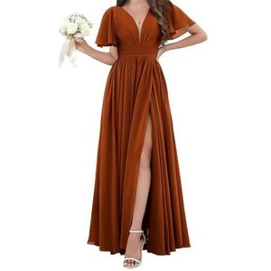 Chiffon bruidsmeisjesjurken voor dames, voor bruiloft, met split, avondgalajurken, cocktailjurken, grote maten, Verbrand Oranje, 32