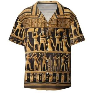 OdDdot Egypten hiërogliefen print herenoverhemden atletisch slim fit korte mouw casual zakelijke overhemd met knopen, Zwart, XXL