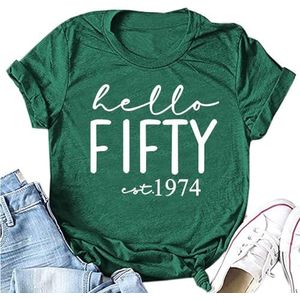 Hello Fifty Est 1974 Vrouwen Shirt 50e Verjaardagscadeau Tops Zomer Grappige Brief Print Tees Korte Mouw Retro T-shirts, Vintage Groen, S