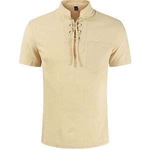 Heren Casual Katoen Linnen Viking Piraat T-shirt Vetershirt, Middeleeuws V-hals Los Ademend Plus Maat Korte Mouw, Mode Trekkoord Kraag Tee Streetwear