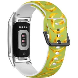 RYANUKA Zachte sportband compatibel met Fitbit Charge 5 / Fitbit Charge 6 (bananen op groene achtergrond), siliconen armbandaccessoire, Siliconen, Geen edelsteen