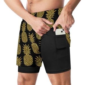 Goud Glitter Ananas Grappige Zwembroek Met Compressie Liner & Pocket Voor Mannen Board Zwemmen Sport Shorts
