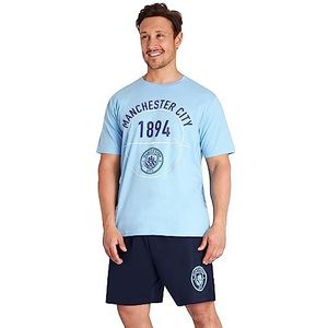 Manchester City F.C. Heren pyjama set nachtkleding T-shirt en pyjamabroek heren tieners 100% katoen zacht ademend loungekleding voetbal pyjama maten S-3XL Manchester City cadeaus heren (blauw, 2XL)