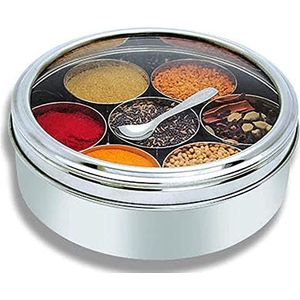 King International Roestvrijstalen doorzichtige kruidenbox met 7 kruidencontainers, (20 x 20 x 8 cm), masala-doos voor keuken, masala-container voor keukengebruik (zie door)