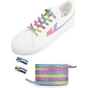 Hoogwaardige elastische schoenveters zonder knopen. Veilige grip dankzij platte vetersnelsluiting. Rubberen veters/elastische veters zonder strikken in premium kwaliteit glitter kleurrijk regenboog