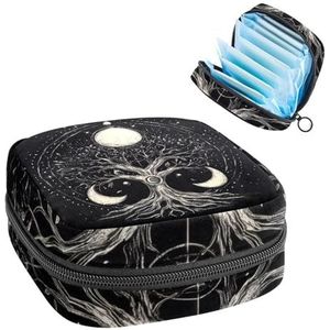 Opbergtas voor maandverband, retro levensboom in boho-stijl met maanfase, draagbare maandverband, inlegkruisjes, tampons, maandverband, opberghouder voor vrouwen, school, kantoor