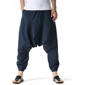 Heren Hippie Baggy Genie Boho Yoga Harembroek Katoen Low Drop Kruis Joggingbroek, marineblauw, XXL
