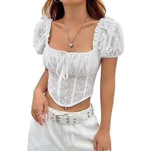 dames topjes Crop blouse met oogjesborduurwerk, gestrikte voorkant, pofmouwen en ronde zoom (Color : Wei�, Size : Small)