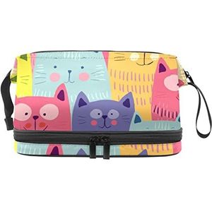 Grote capaciteit reizen cosmetische tas,Leuke Cartoon katten kleurrijke grappige Kitty,Make-up tas,Waterdichte make-up tas organisator, Meerkleurig, 27x15x14 cm/10.6x5.9x5.5 in