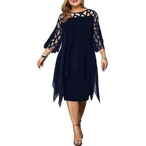 NOGRAX Dresses Midi-feestjurk voor dames, XXL, O-hals, kant, mouwen, hol, effen, voor dames, avondjurken, Diep blauw, 3XL