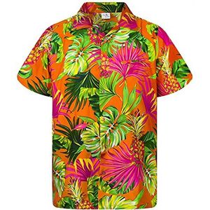 King Kameha funky informeel Hawaïaans shirt voor kinderen, jongens en meisjes met voorzak. Zeer opvallende korte mouwen unisex ananasbladeren palmen print, 6 jaar