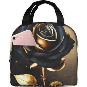 Zwarte en gouden bloemenprint lunchtas geïsoleerde lunchbox tas herbruikbare draagtas voor vrouwen mannen werk kantoor reizen