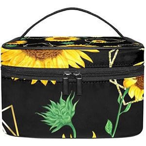 Zonnebloem zwarte make-up organizer tas, reismake-up tas organizer case draagbare cosmetische tas voor vrouwen en meisjes toiletartikelen, Meerkleurig, 22.5x15x13.8cm/8.9x5.9x5.4in