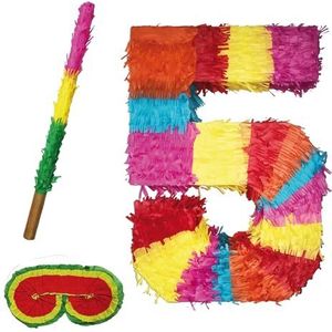 Party Factory Pinata, Getallen 0-9, met stok en blinddoek, Kiderverjaardag, 50 x 35 x 8cm, 5, multicolor