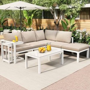 Aunlva Tuin-loungestoelset, hoeklounge, tuinmeubelset voor 6-8 personen, tuinmeubelset, weerbestendige loungemeubels, outdoor aluminium hoekafdekking, wit, set van 5, inclusief alle kussens