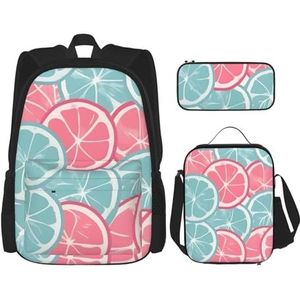 AthuAh Roze blauwe rugzak met citrusschijfjes, rugzak voor meisjes, jongens, rugzak met lunchtas en etui, 3-delige set voor wandelen, school, uitstapje, Zwart, Eén maat