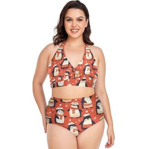 Grappige Rode Vet Pinguïns Xmas Vrouwen Bikini Sets Plus Size Badpak Twee Stukken Hoge Taille Strandkleding Meisjes Badpakken, Pop Mode, 4XL