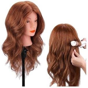Echt haar poppenhoofd for krullen, stijlen, verven, vlechten, haarverzorging, donkerbruin mannequinhoofd, trainingshoofdset