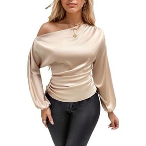 Dames Zijden Satijnen Blouse Lange Mouw Off The Shoulder Tops Dames Casual Uitgaan Tops(Beige,M)