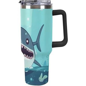 40 oz beker met handvat cartoon haai drijvend in water roestvrijstalen koffiemok herbruikbare reismok lekvrije geïsoleerde autobeker grote capaciteit beker voor reizen, buiten, thuisgebruik (zwart)