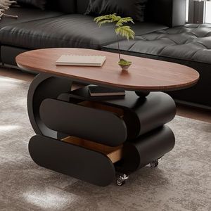 Multifunctionele klaptafel, Verrijdbare salontafel met wielen, 4 wielen en 2 verborgen opberglades, ovale houten bijzettafel met metalen frame, moderne creatieve kar for de woonkamer(Black,35.43""Lx17.
