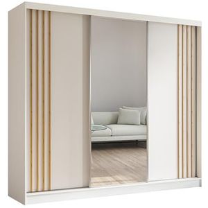 MargaretHome24 Neli Kledingkast met lamellen en spiegel, inclusief 3 schuifdeuren, schuifdeurkast (kleur: wit, wit, lamel artisan), 240 cm)