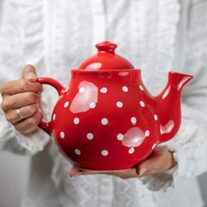 City to Cottage Rood en Wit | Polka Dot Stippen | Grote 1,7l/60oz/4-6 Koppen Handgemaakte Handgeschilderde Keramische Theepot Met Handvat en Deksel