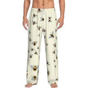 Honey Bee. Lange loungewear voor heren, nachtkleding, pyjamabroek, nachtkleding met zakken en trekkoord, Wit, S