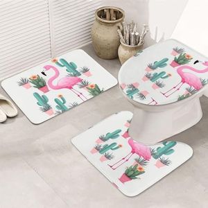 VTCTOASY Tropische Flamingo Leuke Cactus Print Badkamer Tapijten Sets 3-delig Absorberend Toilet Deksel Cover Antislip U-vormige Contour Mat voor Toilet Badkamer