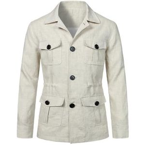 EsukAr Lichtgewicht safari-jas voor heren, casual linnen, knoopsluiting, meerdere zakken, cargojas, uitloper, Wit, M