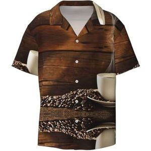 OdDdot Koffiekop en koffiebonen print herenoverhemden atletisch slim fit korte mouw casual zakelijk overhemd met knopen, Zwart, XXL
