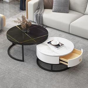 Multifunctionele salontafel, 2-delig, met opberglade for woonkamer- en slaapkamerdecoratie, leistenen marmeren textuur en metalen frame (Color : Black Frame+black+white)