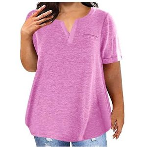 Plus Size V-hals T-shirts Vrouwen Korte Mouw Tops Casual Zomer Tshirts Effen Kleur Losse Fit Comfortabele Tee Shirt Sale, Mode Dames Tops UK, roze, 5XL