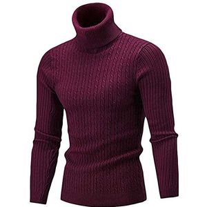 LaoZan Heren Effen Kleur Hoge Kraag Gebreide Trui Warme Top Wintertrui Jumper met Lange Mouwen (Wijn Rood, XL)