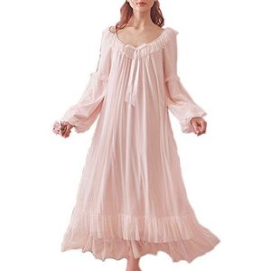 Singingqueen Victoriaanse nachtjapon voor dames, vintage, lange mouwen, doorschijnende nachtkleding, pyjama, nachtkleding, loungejurk, roze, S