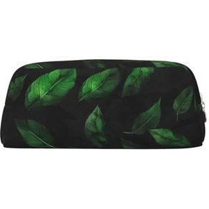 Etui Groene Bladeren op Zwarte Muur Lederen Potlood Pouch Draagbare Briefpapier Organizer Potlood Houder Make-up Tas met Ritssluiting, Goud, Eén maat, Make-Up Pouch