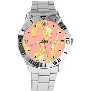 Gele Giraffe Mode Vrouwen Horloges Sport Horloge Voor Mannen Casual Rvs Band Analoge Quartz Horloge, Zilver, armband