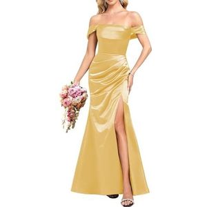 YIANN Satijnen baljurken met split voor dames, mouwloos, lang, formele avondjurk, Geel, 32
