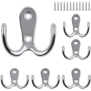 NBFBA Kledinghaken, 6 stuks, dubbele wandhaken, zilver, metaal, retro wandhaken, wandkledinghaken met 12 schroeven voor badkamers, slaapkamers, keuken