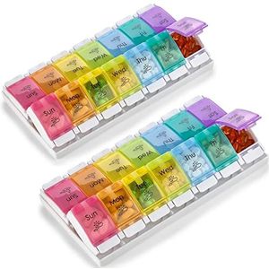 7 Dagen Pill Organizers - (Pack van 2) Gemakkelijk drukknop Assisted Open, AM PM dagelijkse reizen pillendoosje Planner en grote compartimenten voor medicijnen vitaminen visolie & supplementen, BPA-vrij