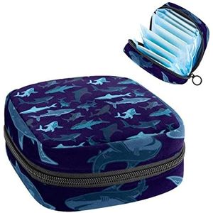 Marineblauwe zee haai patroon zwemmen periode zakje draagbaar,Tampon opbergtas voor maandverband, Meerkleurig, 4.7x6.6x6.6 in/12x17x17 cm