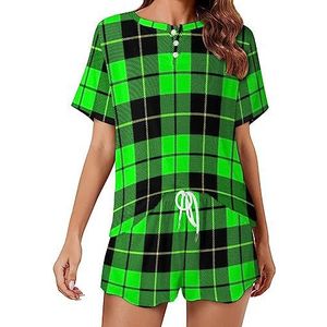 Groene geruite mode 2 stuks dames pyjama sets korte mouw nachtkleding zachte loungewear stijl-39
