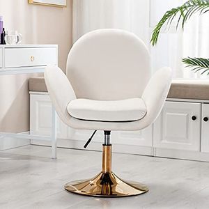 Wahson Fluwelen fauteuil, kuipstoel, in hoogte verstelbaar, contrasterende stoel met goudkleurig onderstel, ontspannende draaistoel voor woonkamer/slaapkamer/badkamer, wit