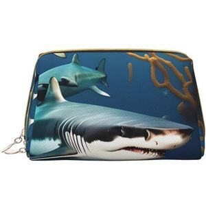 Sharks Under The Sea draagbare make-uptas, reistas, uniseks, ritssluiting, geschikt voor dagelijks gebruik, Wit, Eén maat